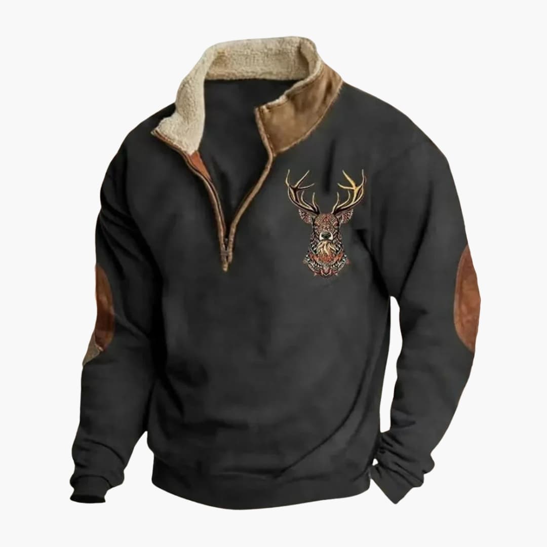 Men's zip collar pullover with suede patches, embroidered stag head, fleece-lined, premium knit sweater