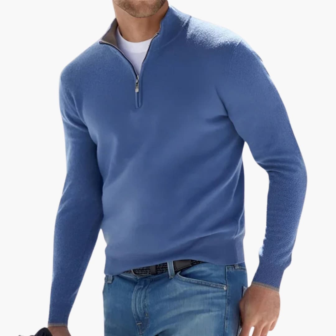 Men's half-zip knit pullover sweater with ribbed cuffs and zipped collar for versatile layering