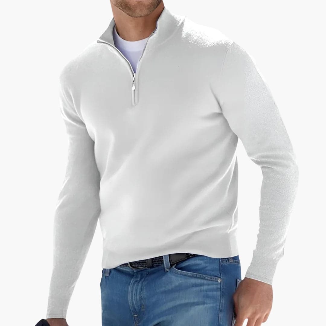 Men's half-zip knit pullover sweater with ribbed cuffs and zipped collar for versatile layering