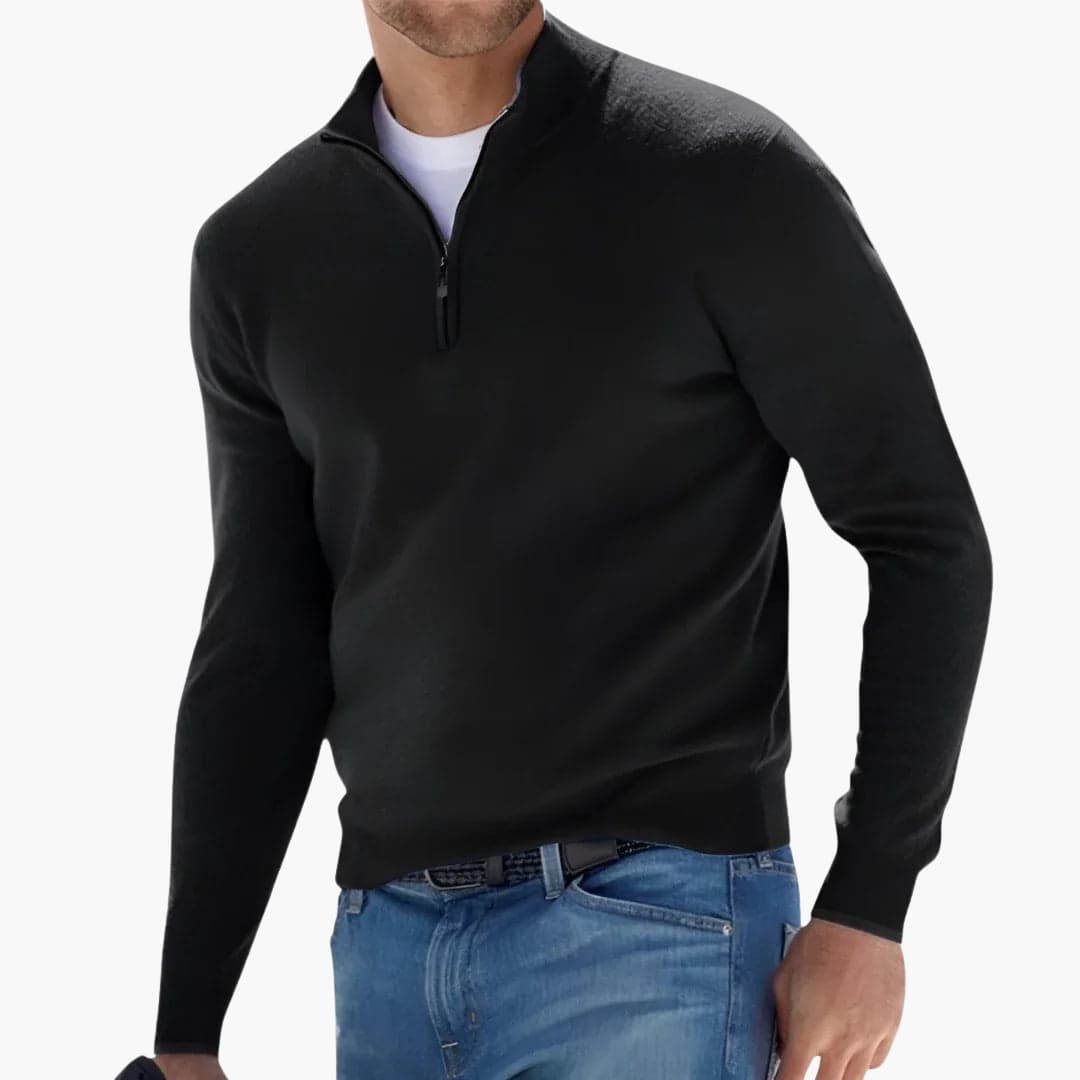 Men's half-zip knit pullover sweater with ribbed cuffs and zipped collar for versatile layering