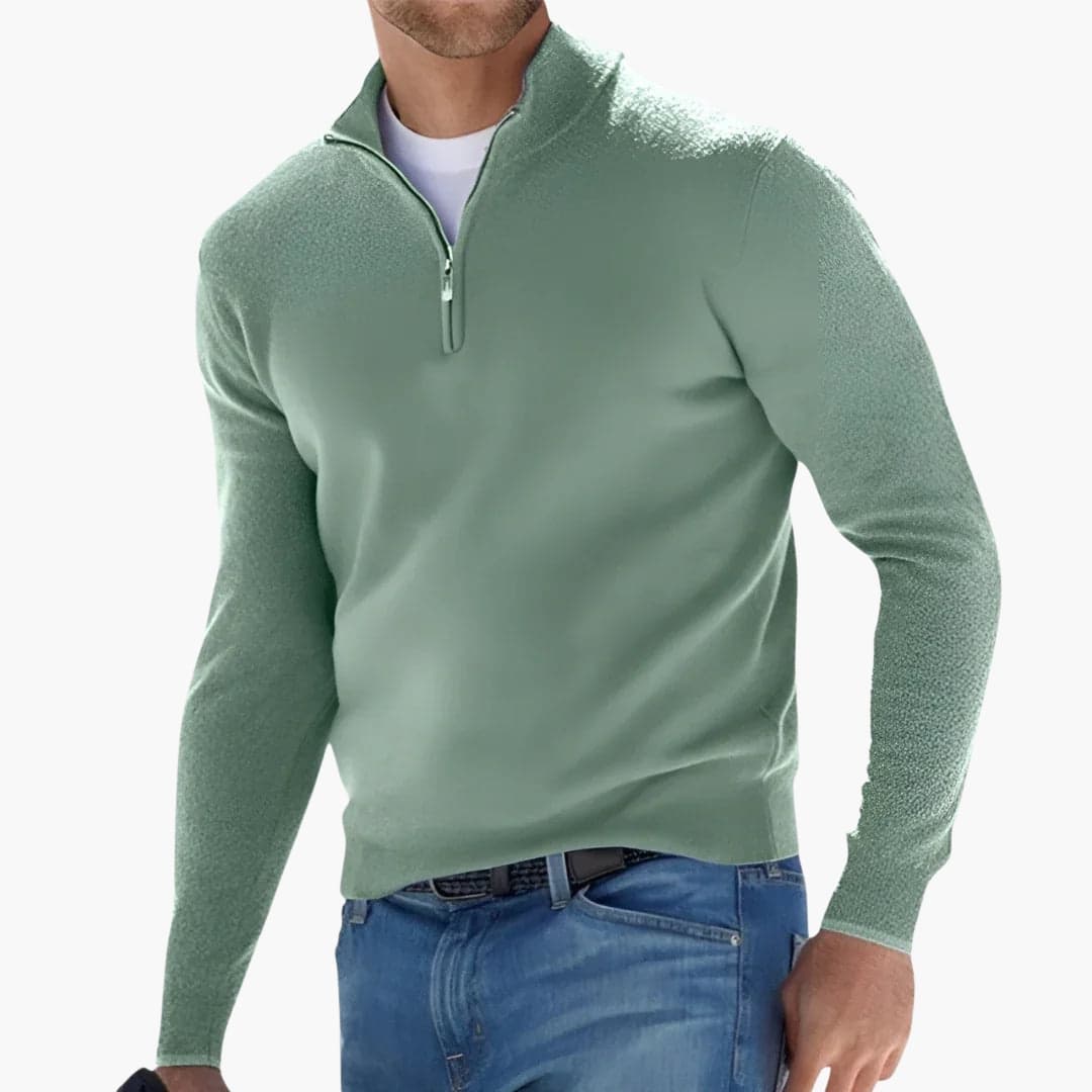 Men's half-zip knit pullover sweater with ribbed cuffs, versatile layering style for everyday warmth