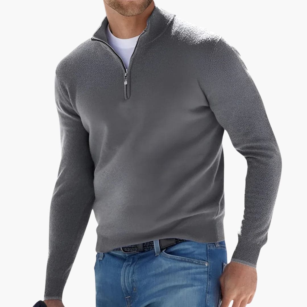 Men's half-zip knit pullover sweater with ribbed cuffs and zipped collar for versatile layering