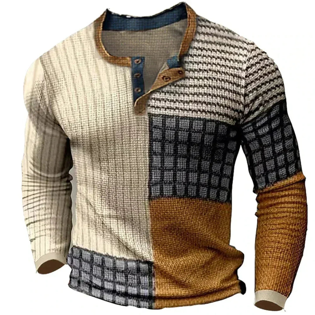 Men's multicolor patchwork pullover sweater, geometric square pattern, round neck, long sleeves