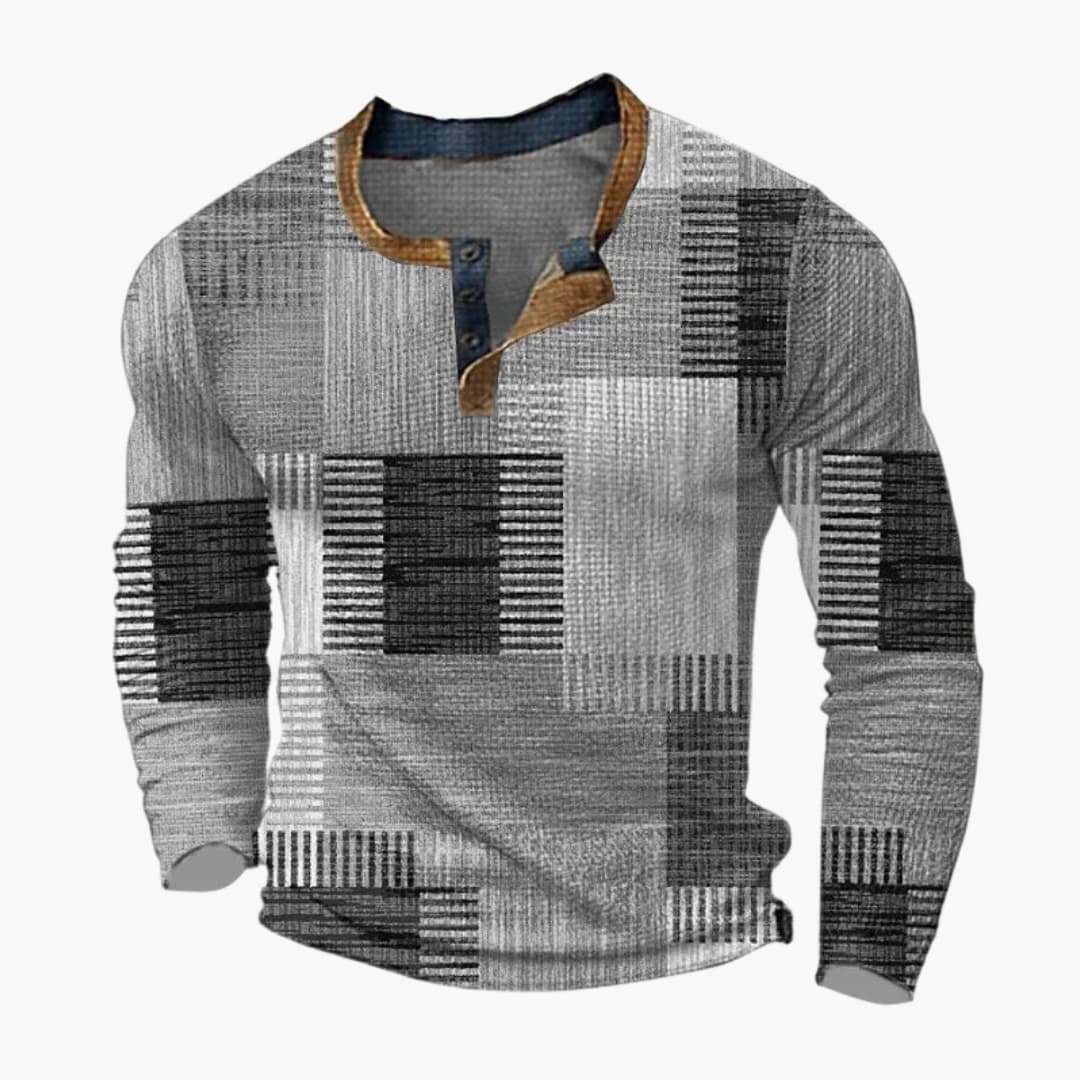 Men's multicolor geometric patchwork pullover sweater, round neck long sleeve knit with bold square pattern