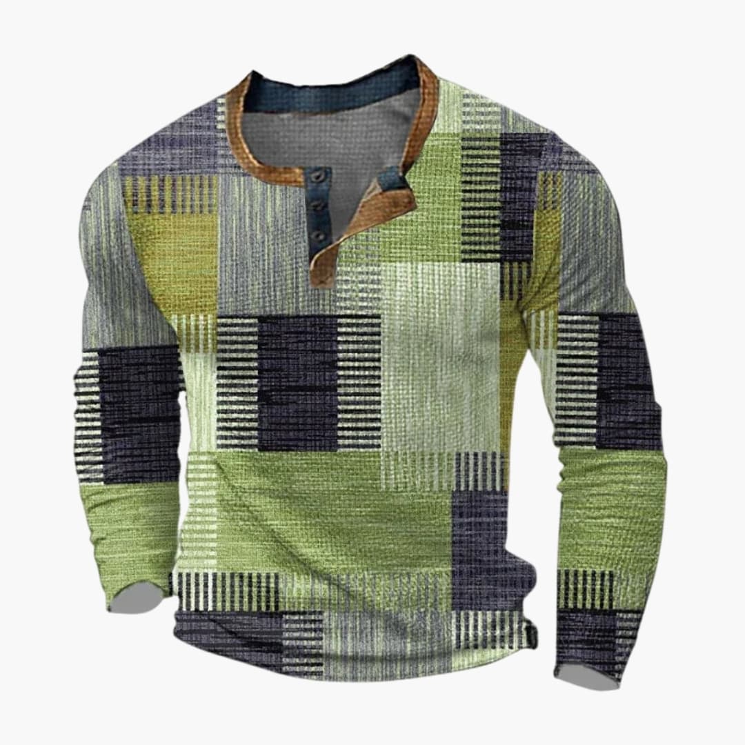 Men's multicolor geometric patchwork pullover sweater, round neck long sleeve knit with bold square pattern