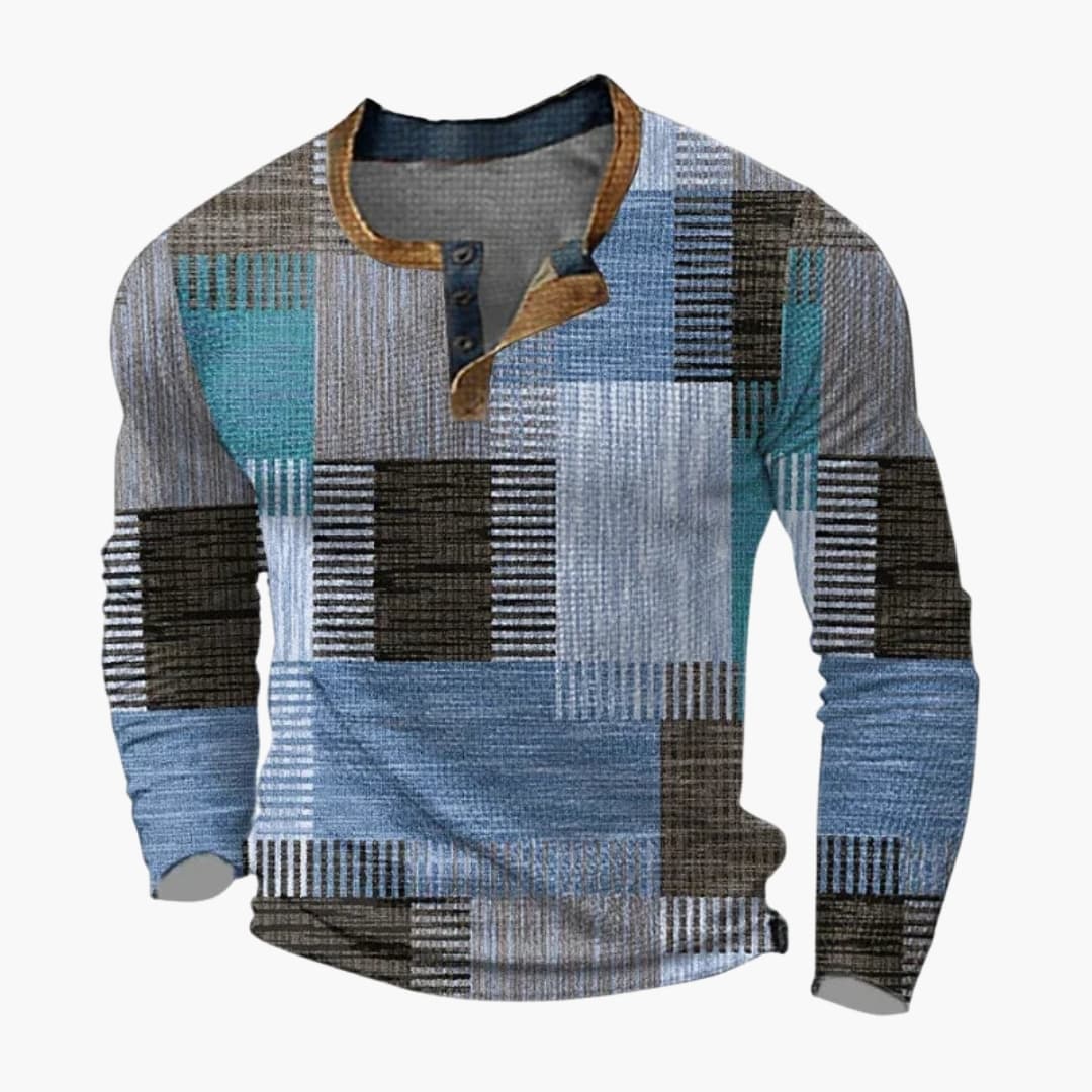 Men's multicolor geometric patchwork pullover sweater, round neck long sleeve knit with bold square pattern