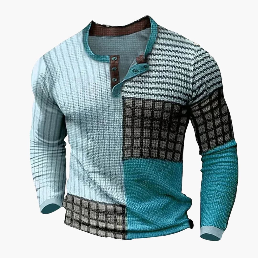 Men's multicolor geometric patchwork pullover sweater, round neck long sleeve knit with bold square pattern