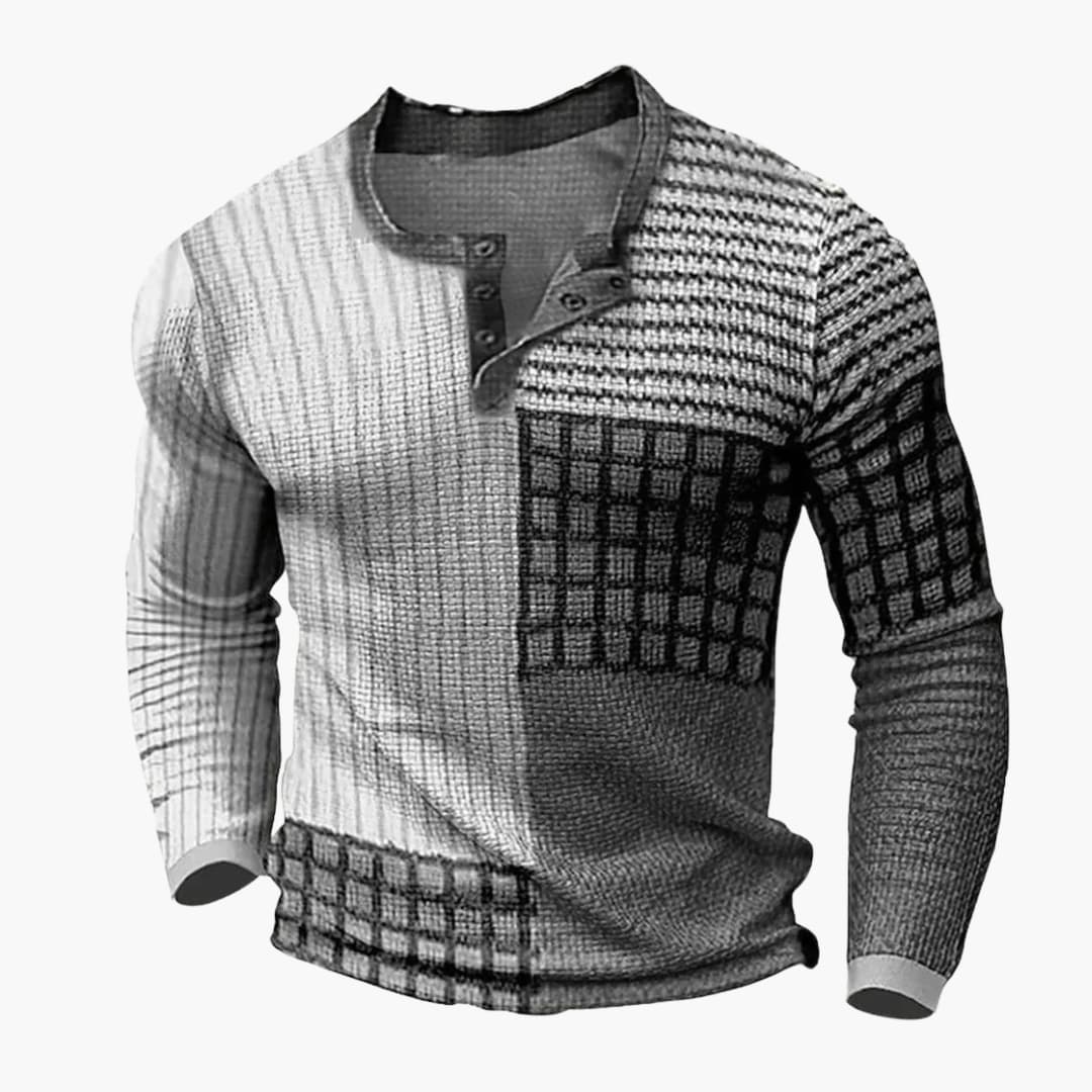 Men's multicolor geometric patchwork pullover sweater, round neck long sleeve knit with bold square pattern