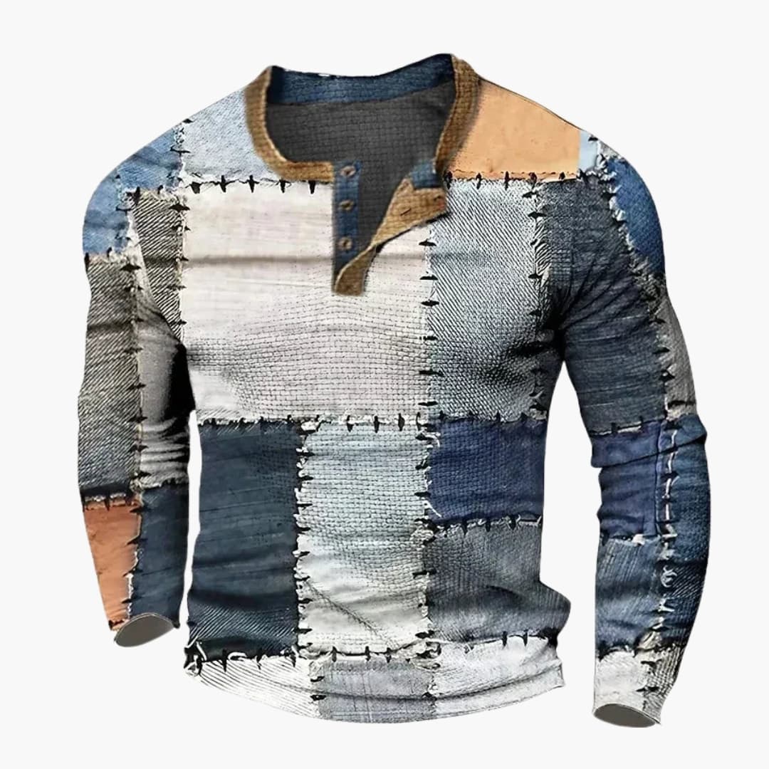 Men's multicolor geometric patchwork pullover sweater, round neck long sleeve knit with bold square pattern