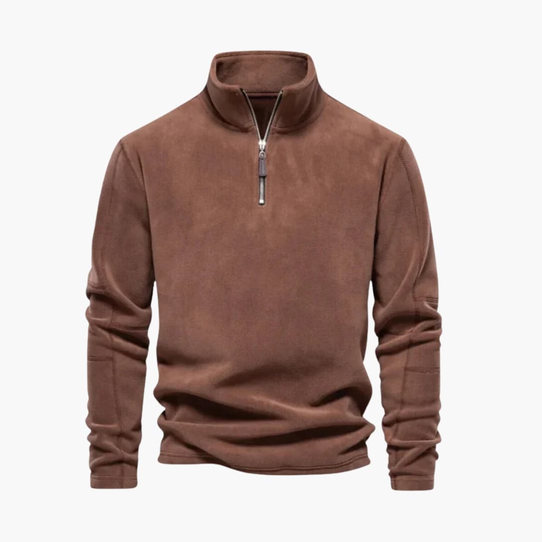 Men's gray fleece pullover half-zip stand-up collar cozy warm layering essential