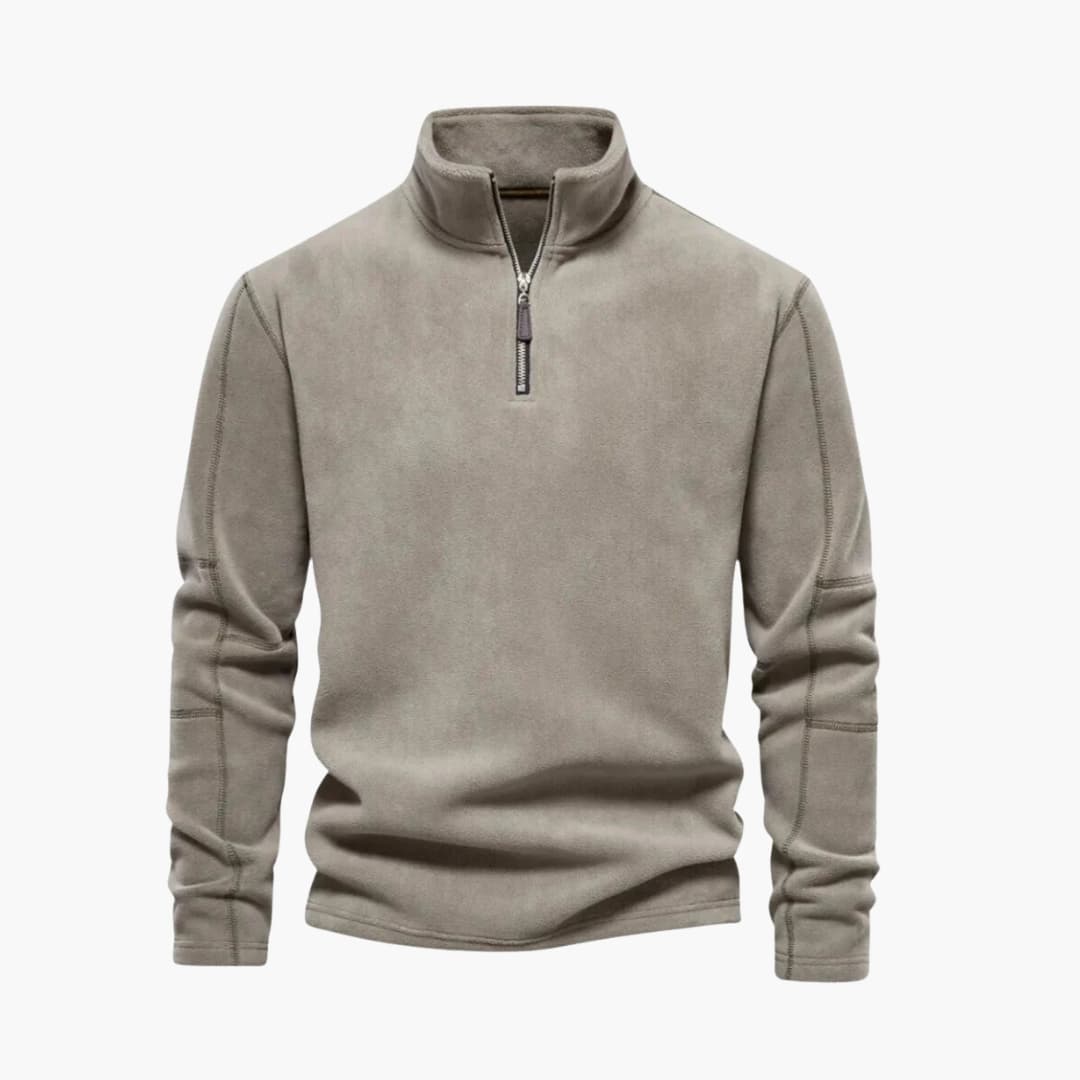 Men's cozy fleece pullover half-zip stand-up collar warm layering top in neutral tone