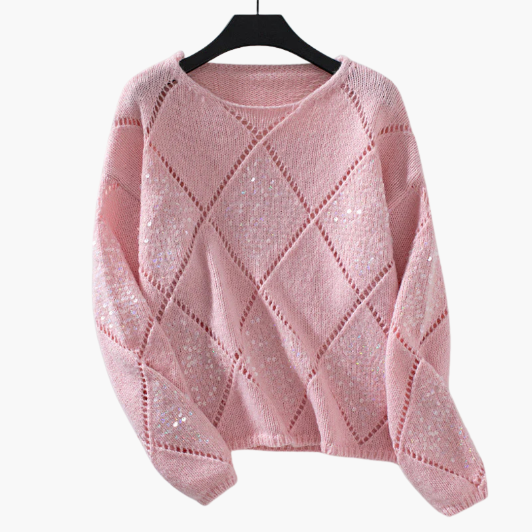 Women's beige rhinestone knit sweater, diamond pattern, ribbed hem, round neck, cozy chic everyday style