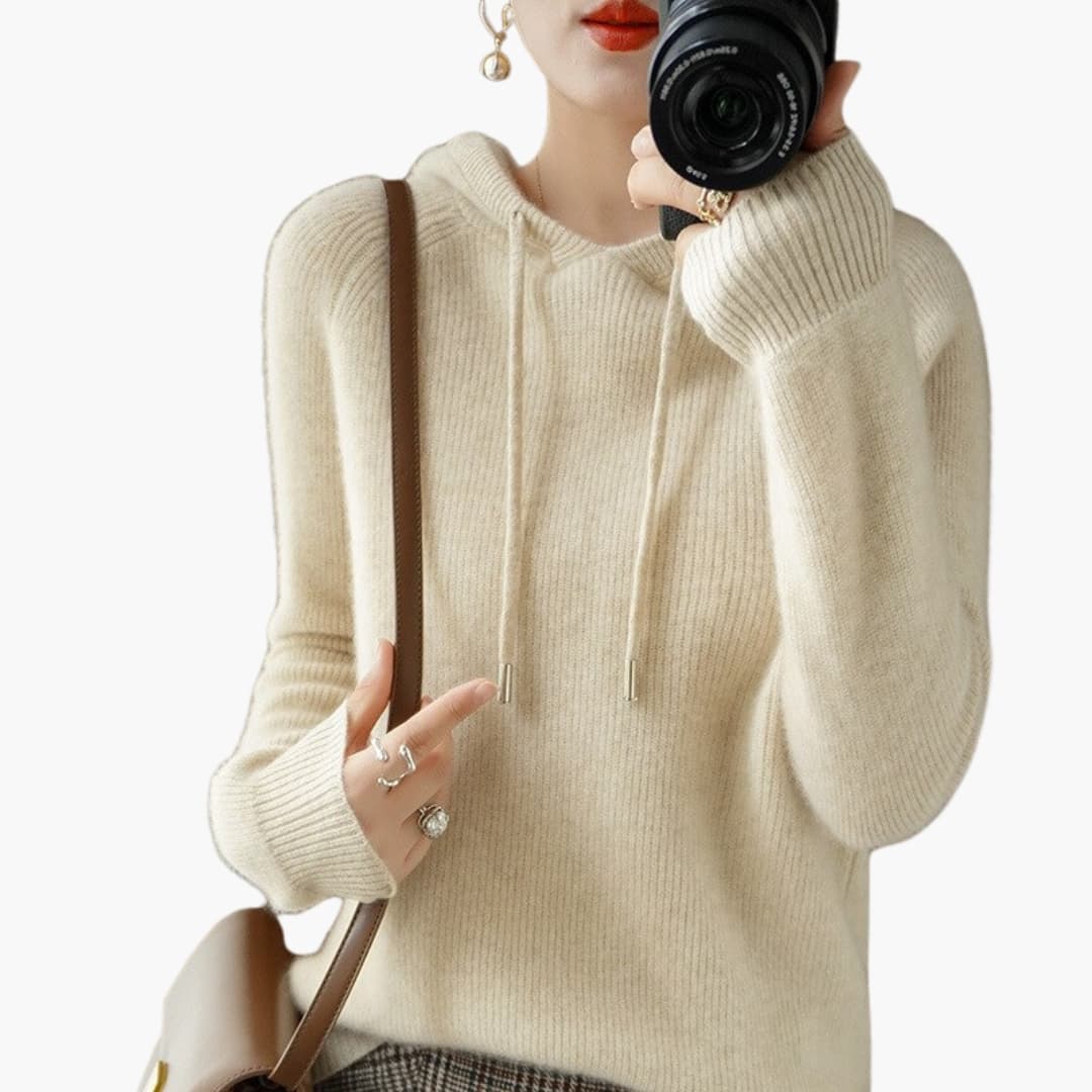 Women's ribbed hoodie straight fit drawstring hood long sleeves casual daily comfort