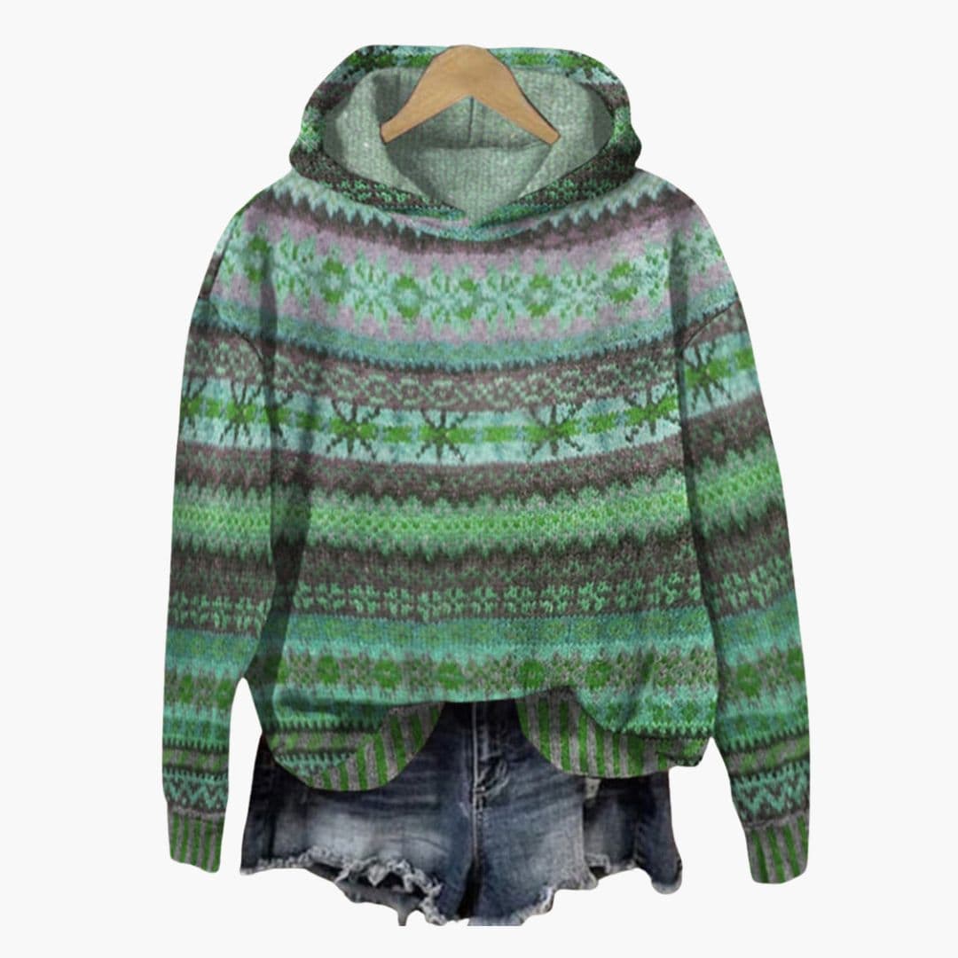 Women's Norwegian pattern hoodie multicolor knit cozy fit ribbed cuffs everyday layering