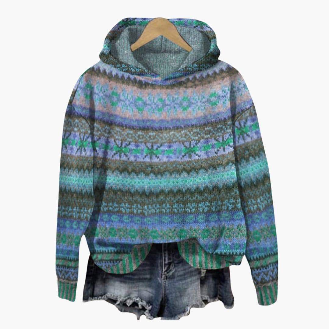 Women's Norwegian pattern hoodie multicolor knit relaxed fit with ribbed cuffs and integrated hood