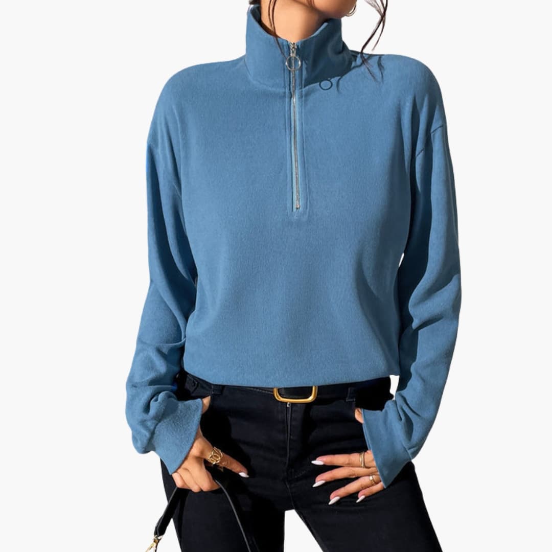 Women's cozy knit high neck half-zip sweater, long sleeves, relaxed fit with clean contemporary lines