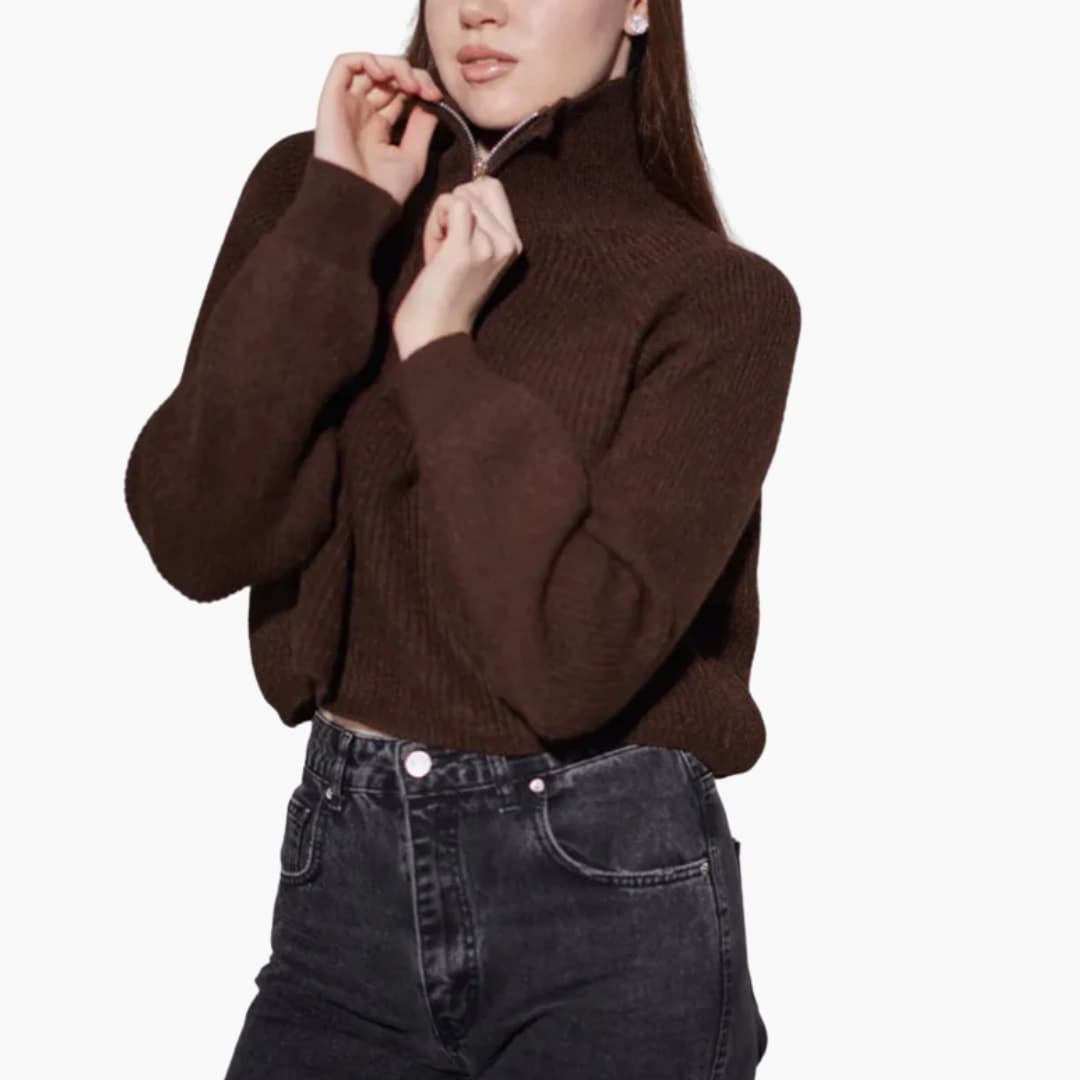 Women's cream high-neck half-zip sweater structured knit relaxed minimalist silhouette everyday wear