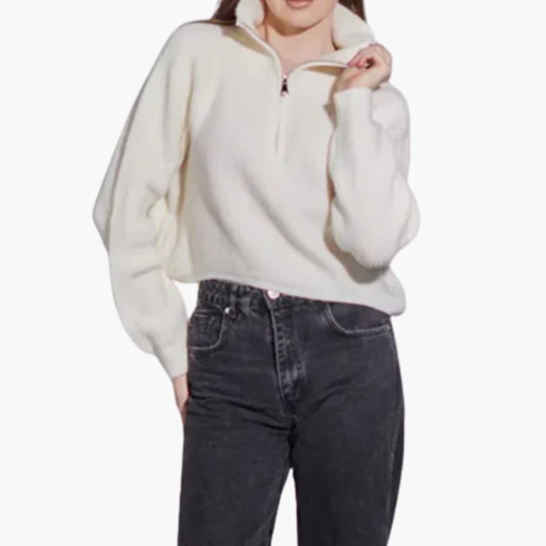 Women's cream high-neck half-zip sweater structured knit relaxed minimalist silhouette everyday wear
