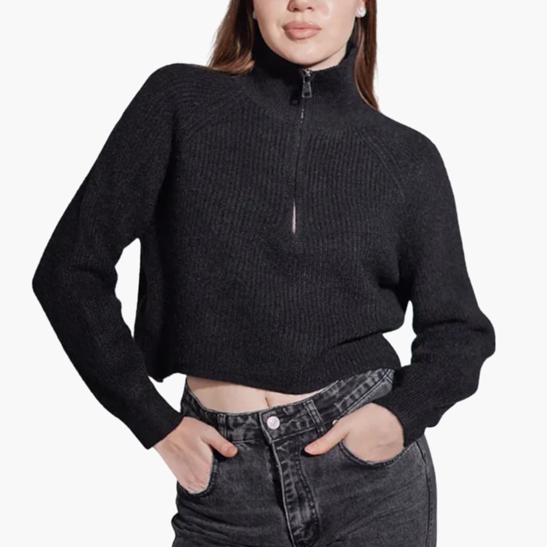 Women's beige structured knit high-neck sweater with discreet half-zip closure and relaxed minimalist fit