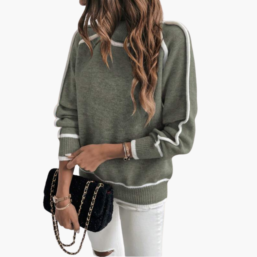 Women's ribbed turtleneck sweater contrast trim loose-fit cozy knit layering piece everyday chic