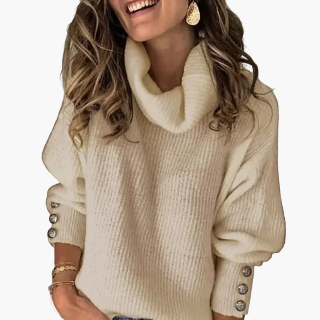 Women's ribbed turtleneck knit sweater with buttoned sleeves, cozy everyday pullover style