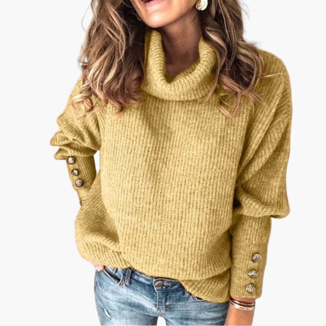 Women's turtleneck knit sweater with buttoned sleeves and ribbed cuffs, cozy pullover silhouette