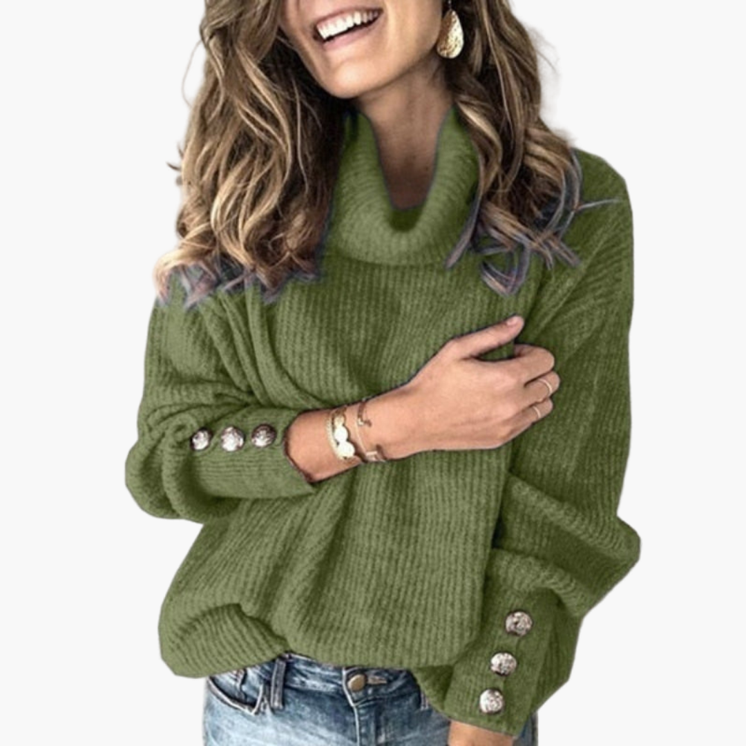 Women's ribbed turtleneck knit sweater with buttoned sleeves, cozy everyday pullover style
