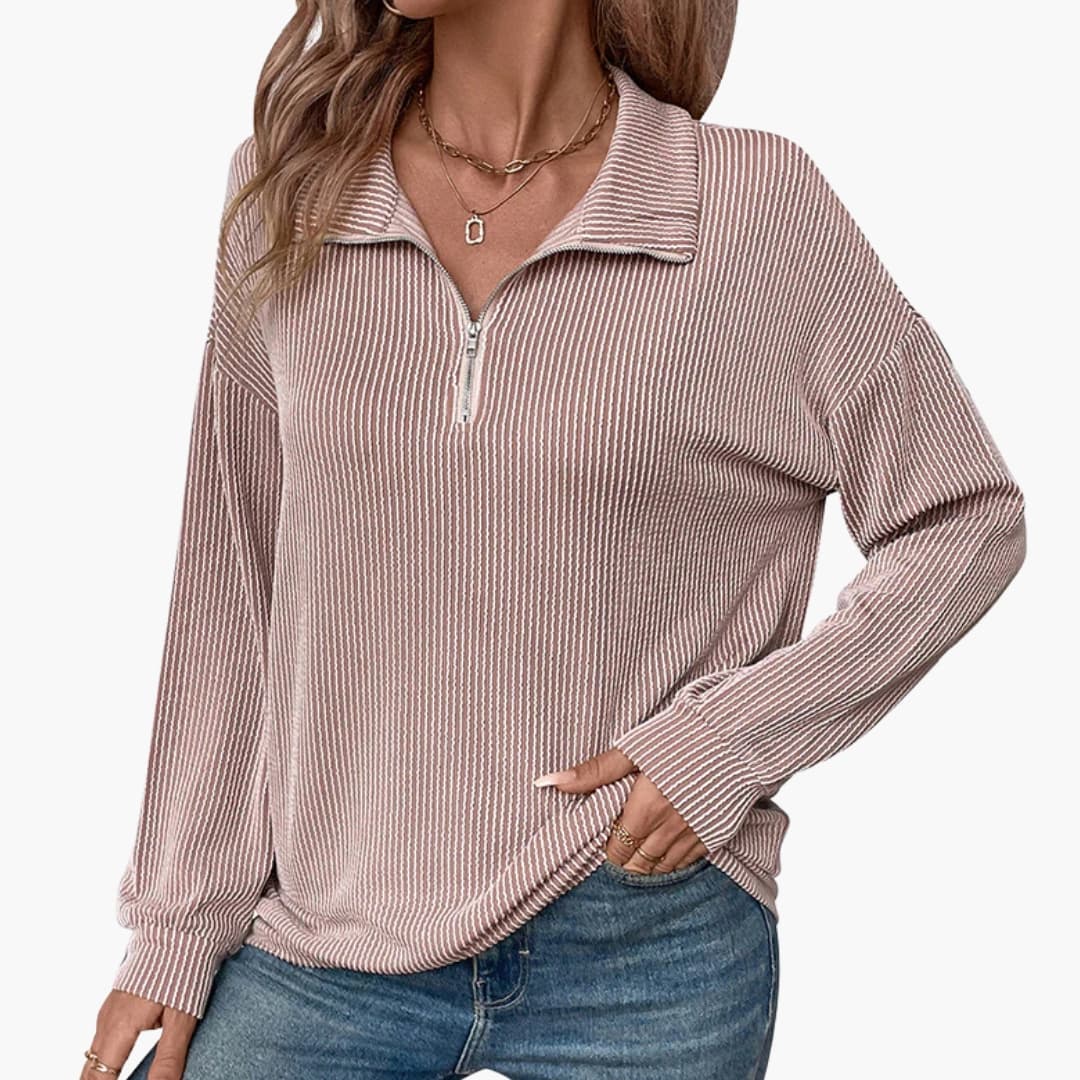 Women's striped half-zip sweater long sleeves modern structured fit vertical pattern everyday chic