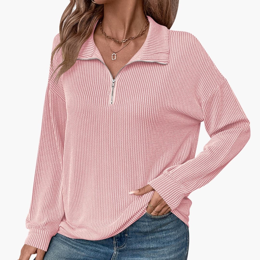 Women's striped half-zip sweater long sleeves modern structured fit vertical pattern everyday chic