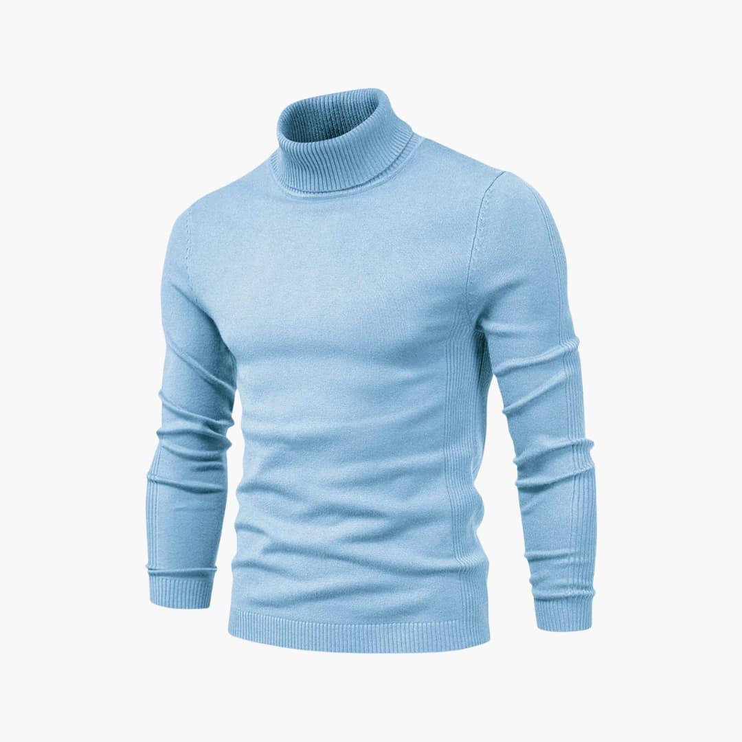 Men's gray knitted turtleneck sweater straight cut ribbed edges everyday versatile style