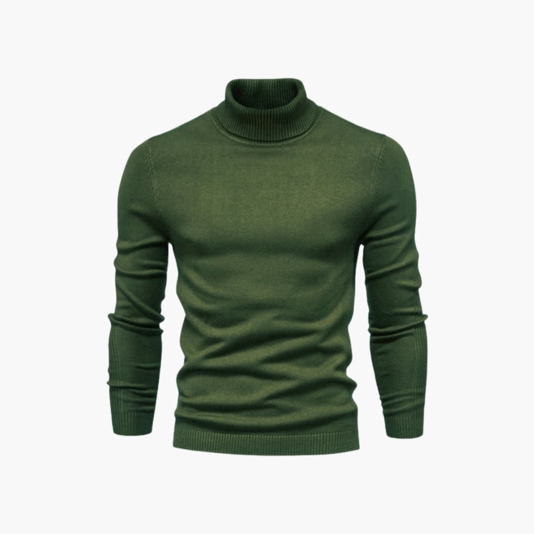 Men's classic black turtleneck sweater with long sleeves, ribbed hem and minimalist knit design