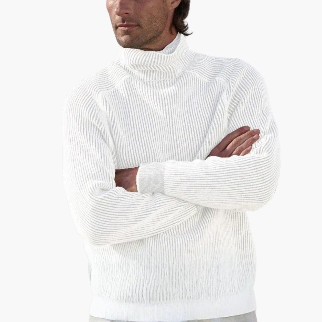 Men's textured ribbed knit turtleneck sweater with rolled collar, classic versatile everyday style