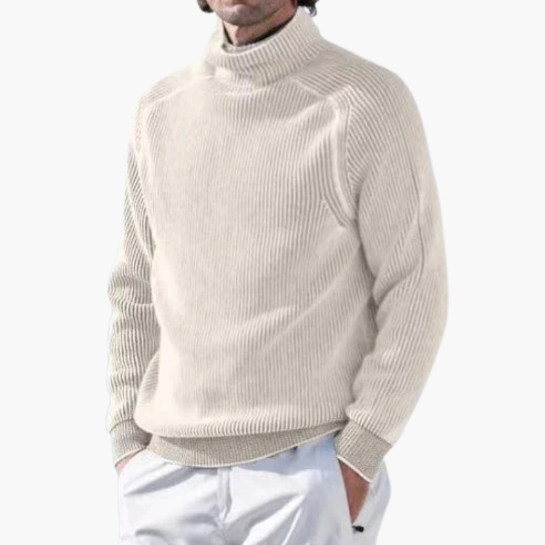 Men's textured ribbed knit turtleneck sweater with rolled collar, classic versatile everyday style