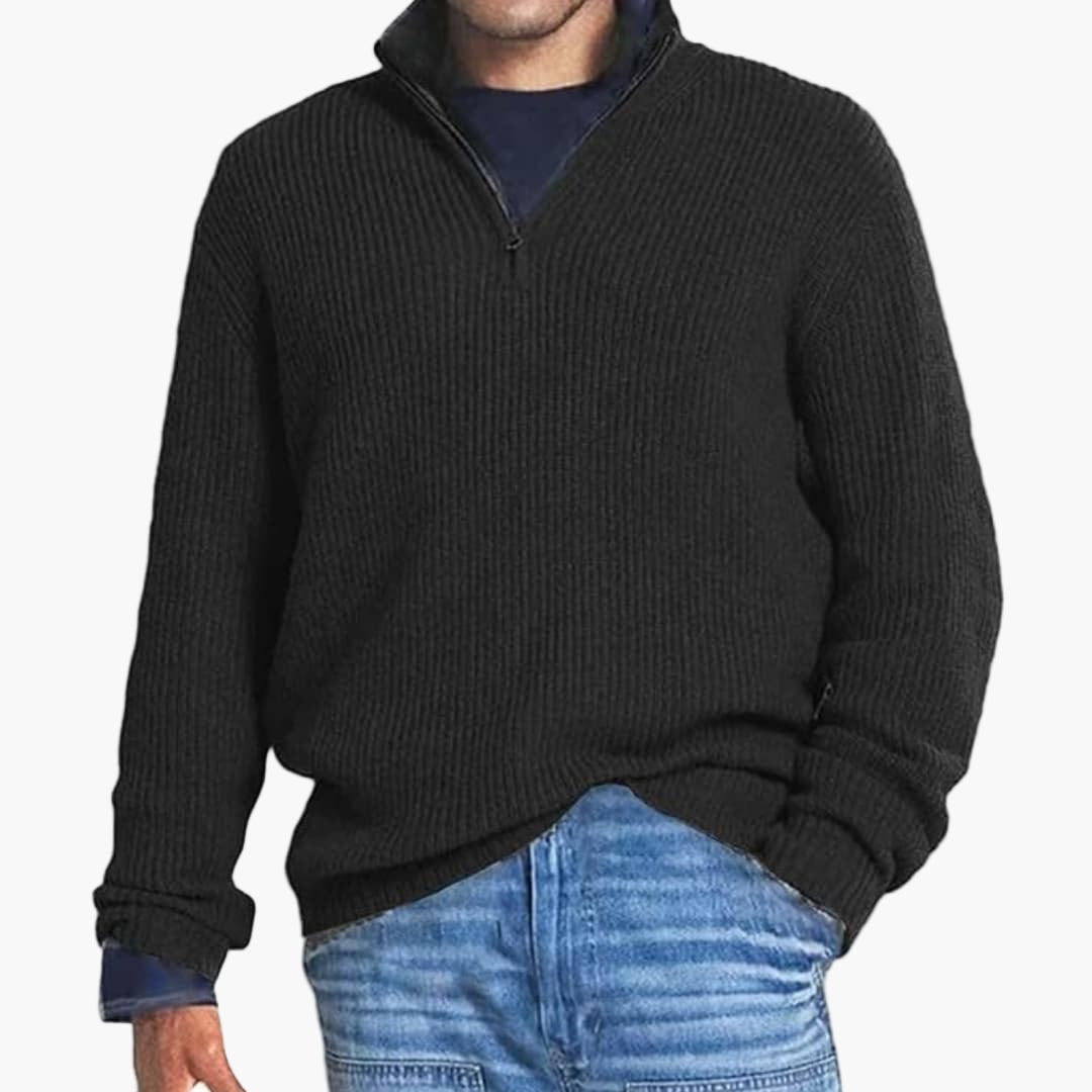 Ribbed midweight men's pullover sweater with short zip collar, structured knit, ideal for layering