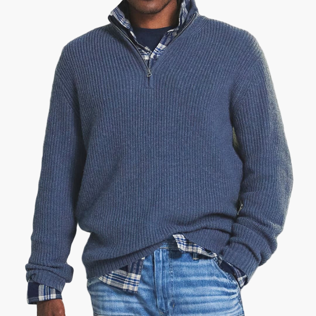 Midweight ribbed men's pullover sweater with short zip collar for versatile layering
