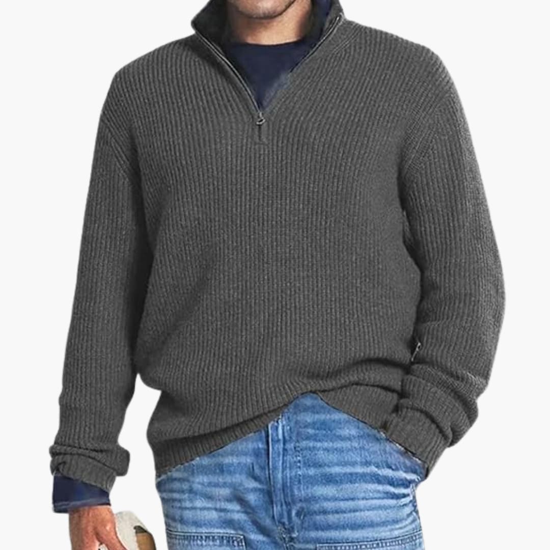 Midweight ribbed men's pullover sweater with zip collar, structured knit for smart-casual layering