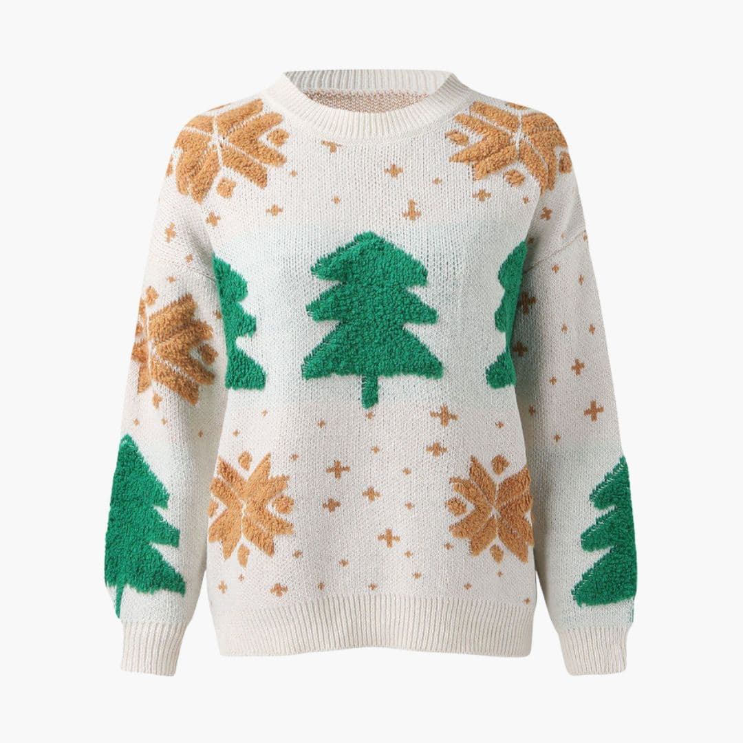 Women's red Christmas knit sweater round neck with allover pine tree and snowflake pattern