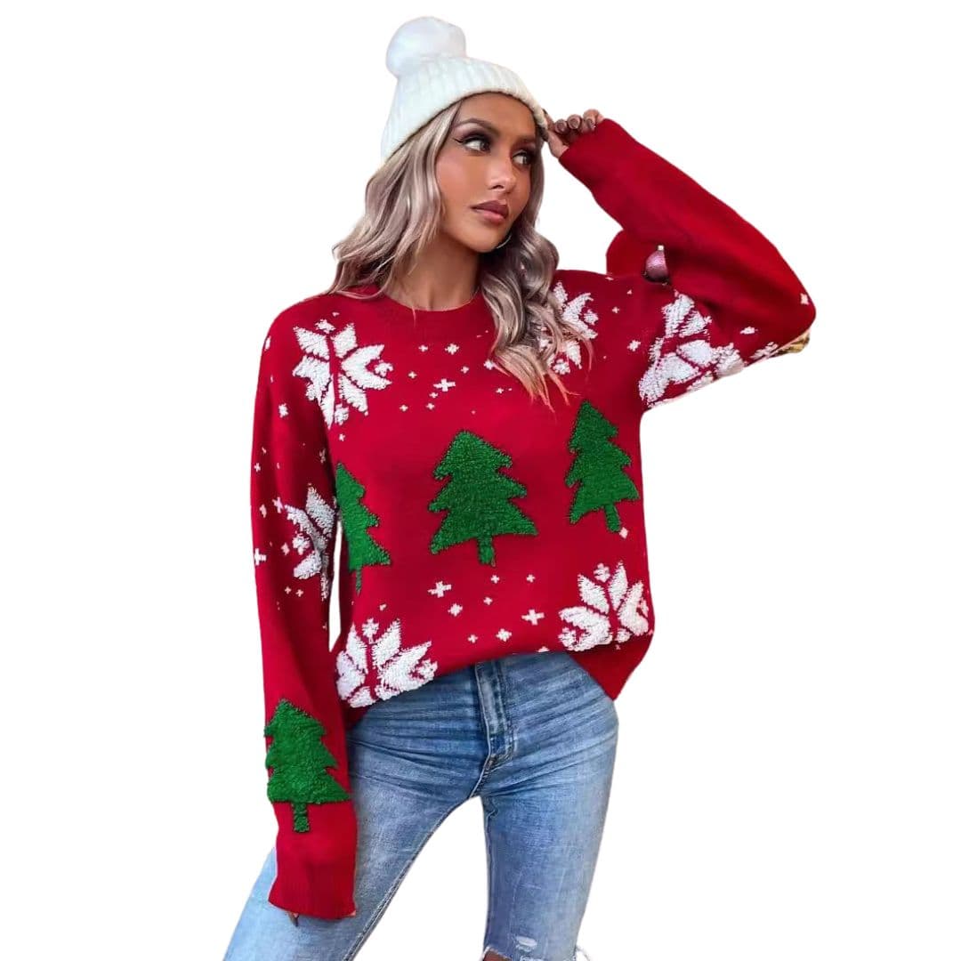 Women's cozy knit Christmas sweater round neck pine tree snowflake pattern festive holiday pullover
