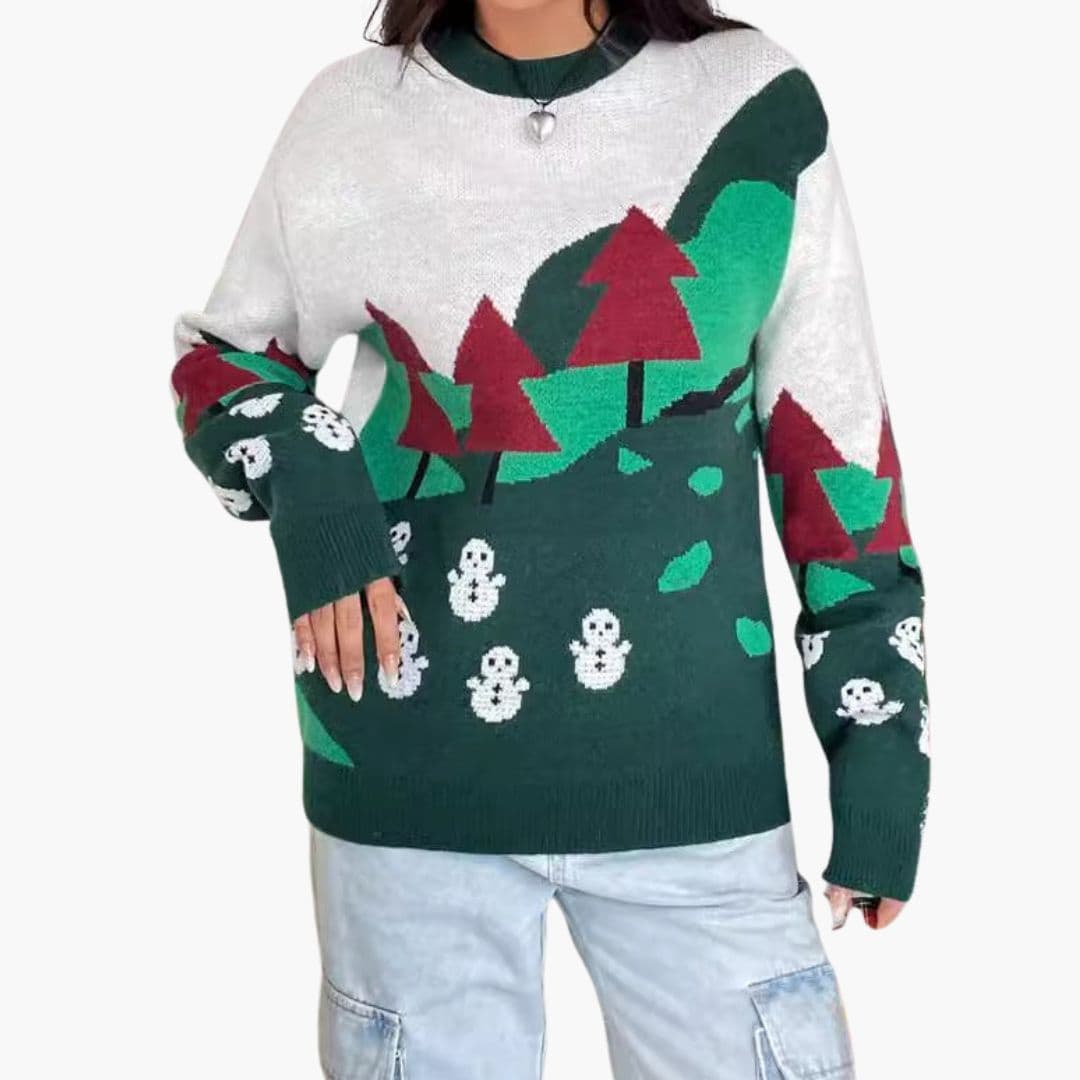 Women's cozy knit Christmas sweater with snowman fir tree motif ribbed trim round collar long sleeves