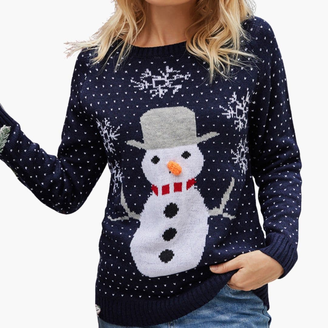 Women's red Christmas pullover sweater with snowman pattern, round neck ribbed trim, cozy holiday fit