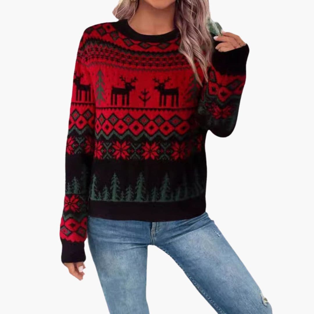 Women's red Christmas knit sweater with ribbed hems, round neck, and all-over reindeer pattern