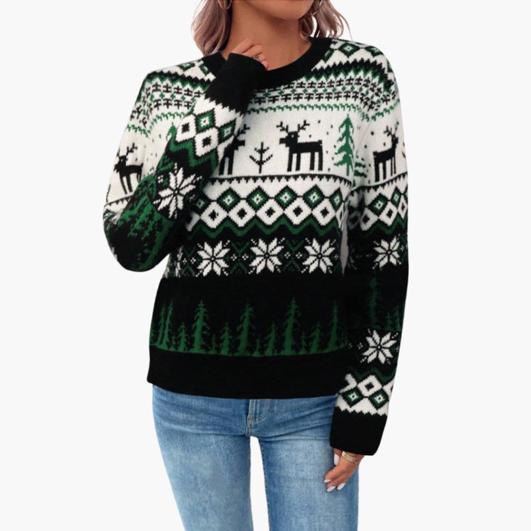 Women's red Christmas knit sweater with reindeer pattern, ribbed hems, and cozy round neck pullover fit