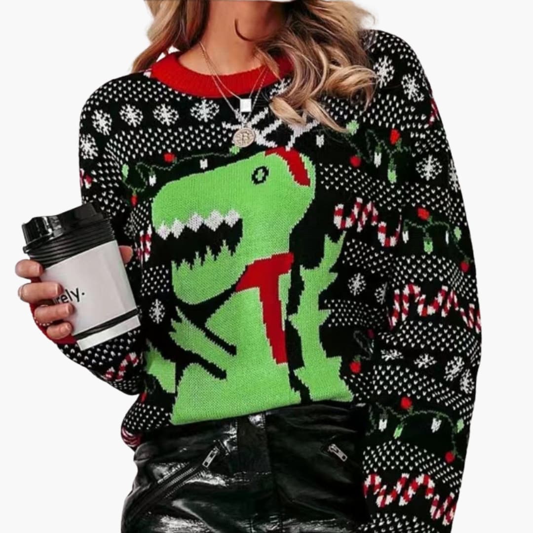 Women's red Christmas knit sweater dinosaur motif ribbed cuffs round neck festive geometric pattern