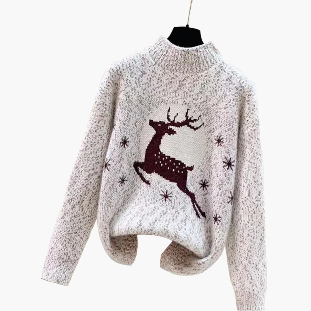 Women's cozy knitted Christmas sweater with stand-up collar, reindeer snowflake pattern, holiday winter style