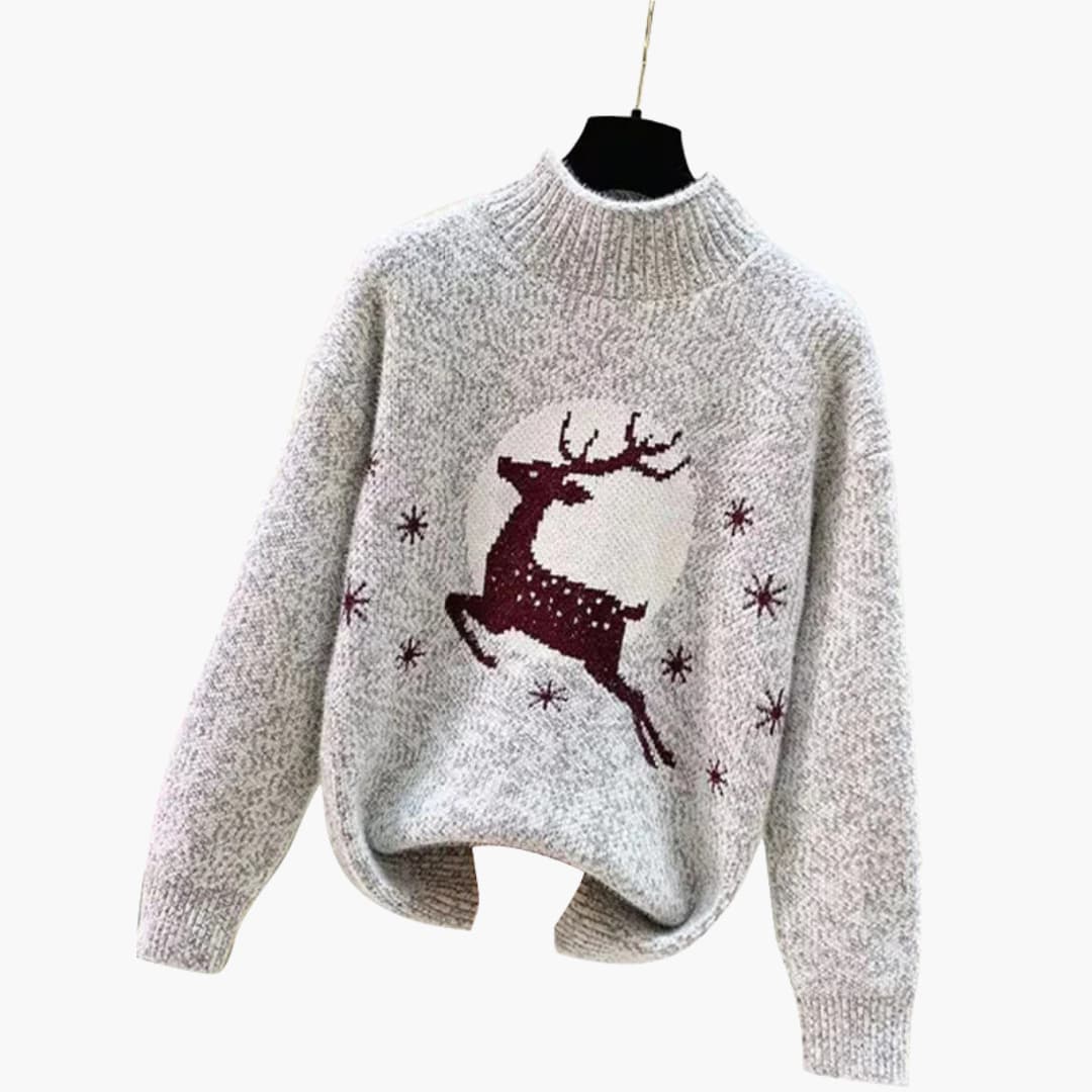 Women's cozy knitted Christmas sweater with stand-up collar, reindeer snowflake pattern, holiday winter style