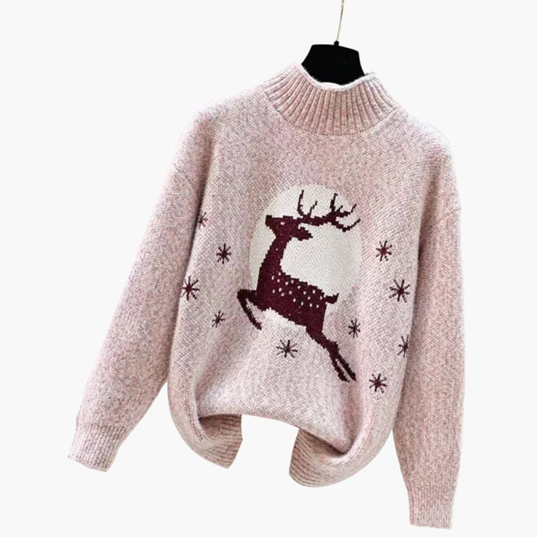 Women's cozy knitted Christmas sweater with stand-up collar, reindeer snowflake pattern, holiday winter style