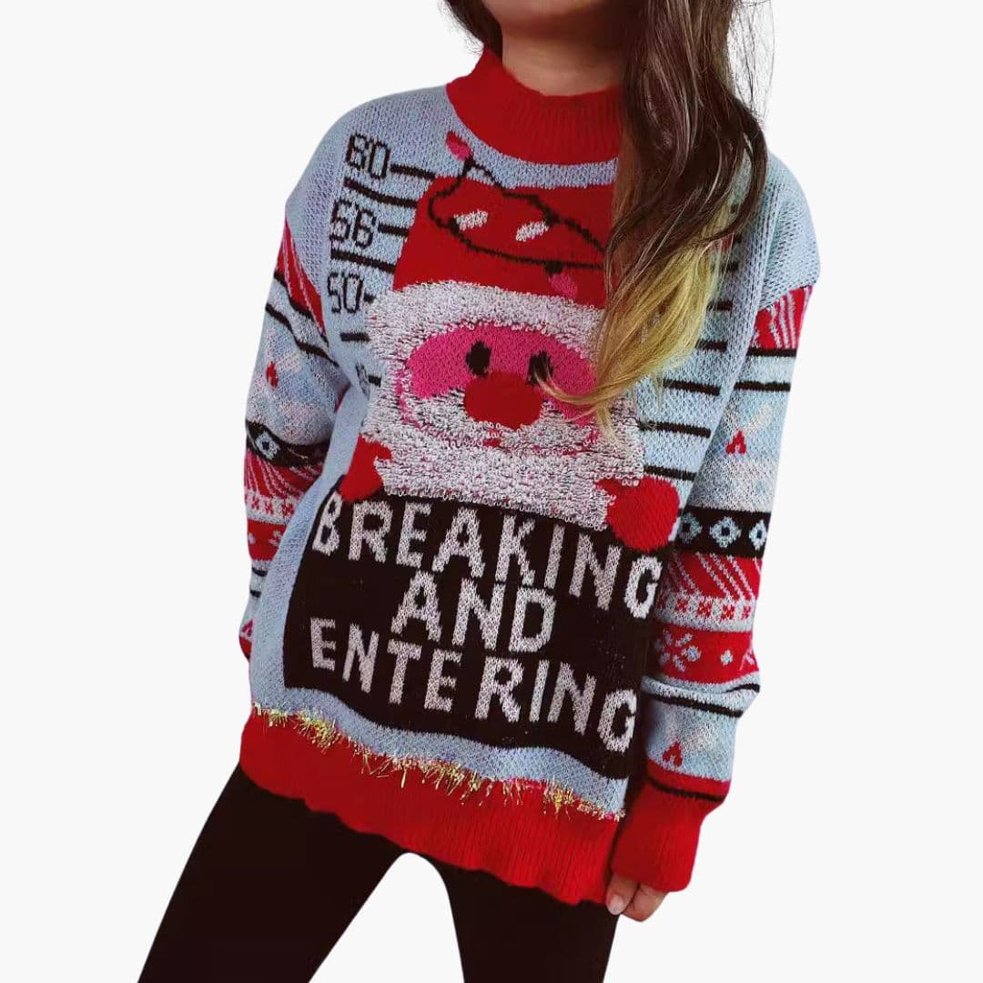 Women's red Christmas sweater Santa Claus pattern cozy ribbed knit round neck shiny thread embellishments