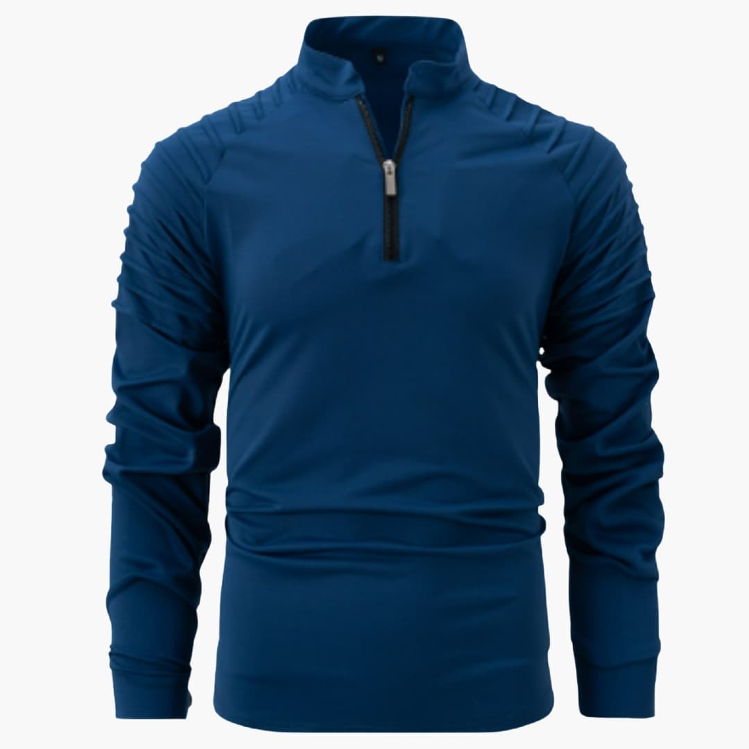 Men's gray structured half-zip pullover with stand-up collar and uniform textured knit finish