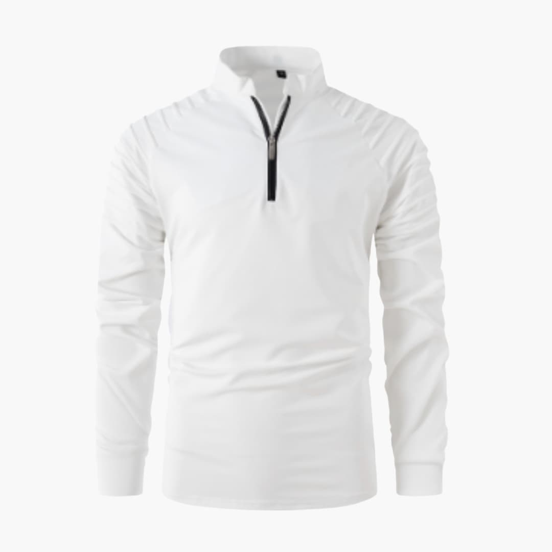Men's navy structured half-zip pullover with stand-up collar and uniform textured knit fabric