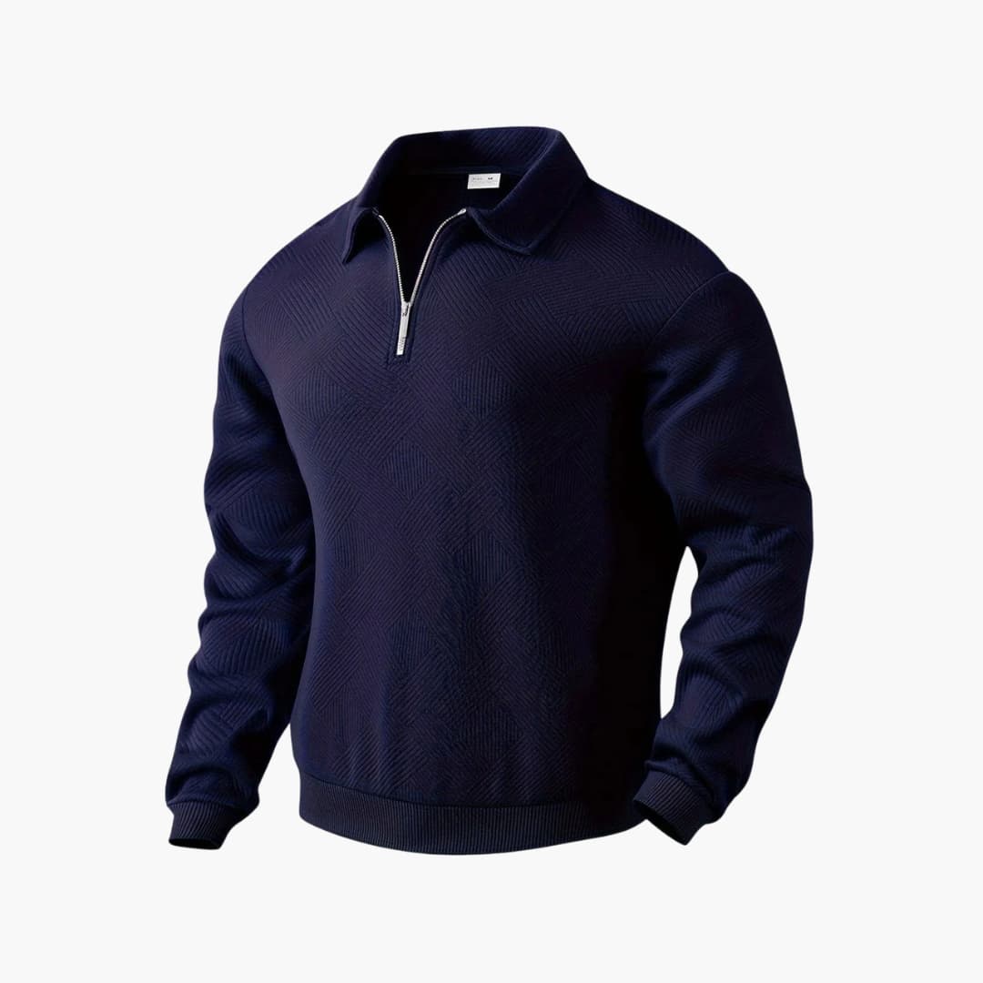 Men's navy textured knit half-zip pullover with shawl collar, smart casual layering essential